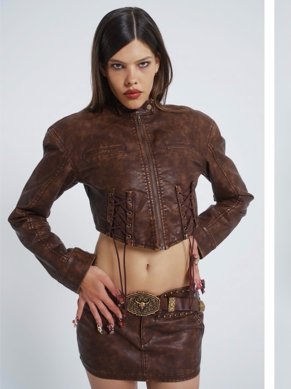 Jaded London Brown western Cropped Leather Lace-Up Jacket